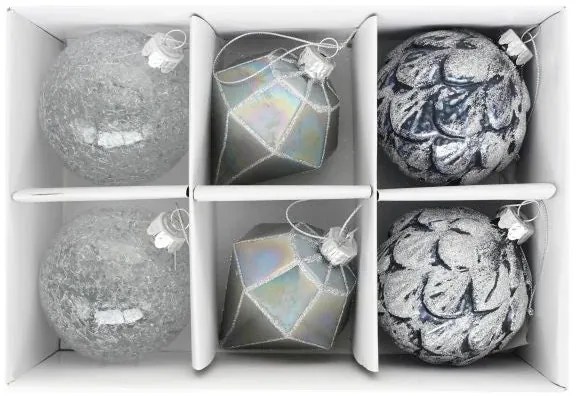 Karácsonyi üveg gömb dísz toboz gyémánt glitter dekorral 8 cm 6 db szett