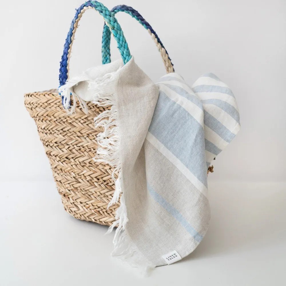 Kék len strandtörölköző 85x140 cm Allure Stripe – Linen Tales