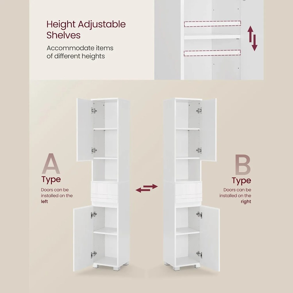 Keskeny fürdőszoba szekrény, fiókkal, állítható polcokkal, fehér, 30x30x170 cm