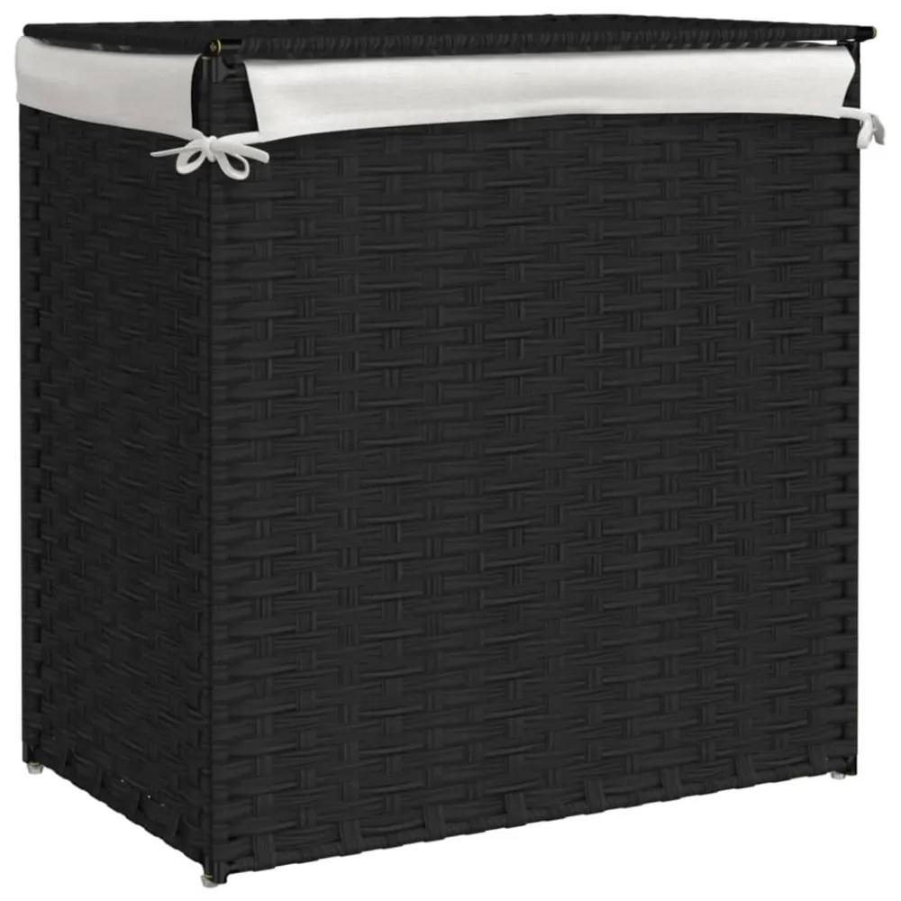 fekete polyrattan szennyeskosár 2 rekesszel 53x33x57 cm