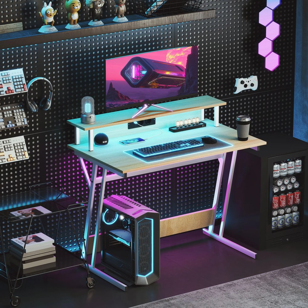 HOMCOM Játéktáblával RGB LED Fénnyel 100x60 cm Gaming Íróasztal Áramforrásokkal, Monitorállvánnyal és Távvezérlővel | Aosom