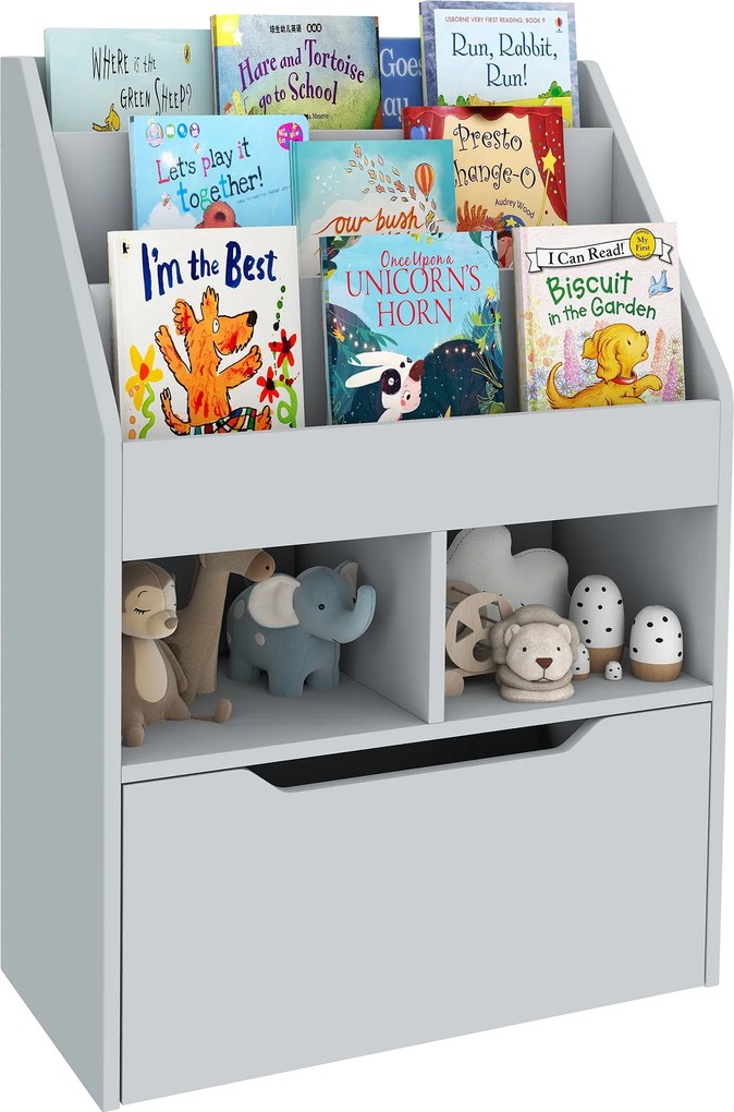 HOMCOM Gyermekkönyves Polc, Gyermek Polc Fiókkal, 3 Polc és 2 Nyitott Rekesz, Tároló Polc Gyerekszobába, Játszószobába, Szürke, 60 x 29.9 x 90 cm | Ao