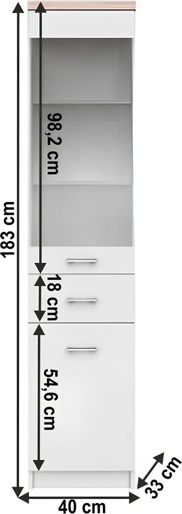 Vitrines szekrény 1D1W1S, fehér/tölgy sonoma, univerzális, TOPTY TYP 03