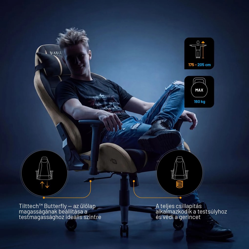 Gamer szék szövet King Size, fekete-bézs: Diablo X-One 2.0 Camel Black