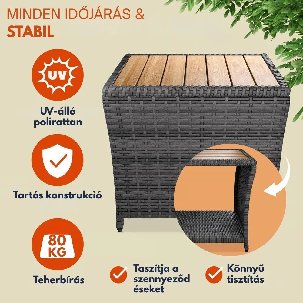 ROCCO polyrattan oldalasztal akácfával, 40x45x45cm, barna/szürke Casaria