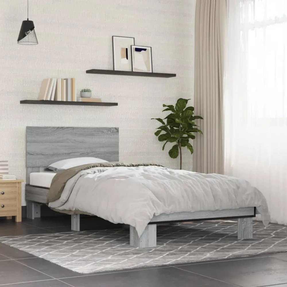 sonoma tölgyszínű szerelt fa és fém ágykeret 75 x 190 cm