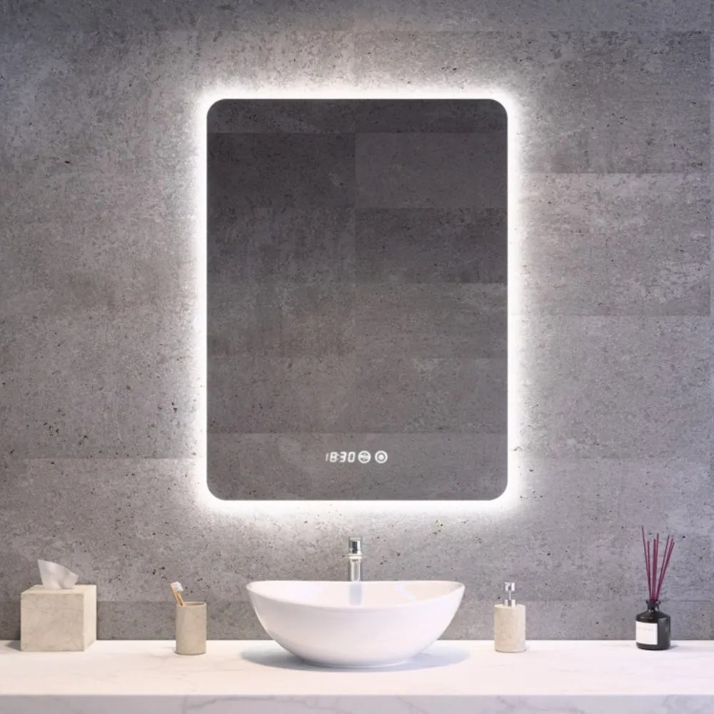 Tükör LED világítással 60x80cm | Páramentesítő funkció | Beépített óra | Fényerő és színhőmérséklet szabályozás | Welland Type-1VS