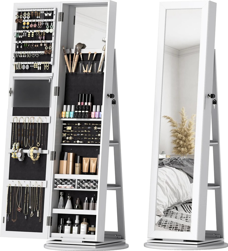 HOMCOM 360°-ban Forgó Ékszertartó Tükörszekrény, Kulccsal Zárható Ékszertartó, Teljes Magasságú Tükör 3 Polccal a Háton és 2 Fiókkal, 55x55x161 cm, Fe