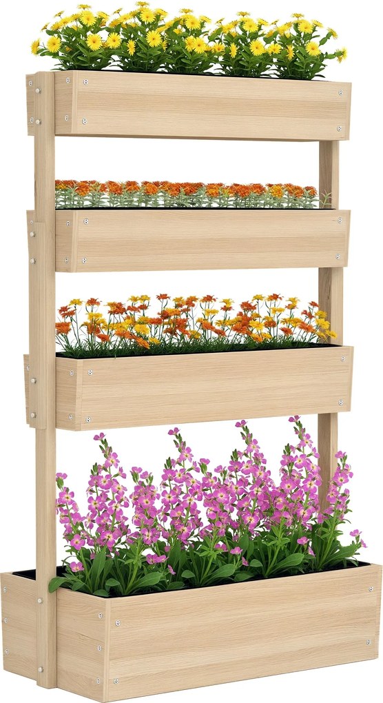 Outsunny Fa Magaságyás, 4 Szintes Növénytartó Doboz Drainázs Lyukakkal 88,5 x 45 x 140 cm, Zöldséges Ágy a Kerthez és Teraszhoz, Virágtartó Növényekne