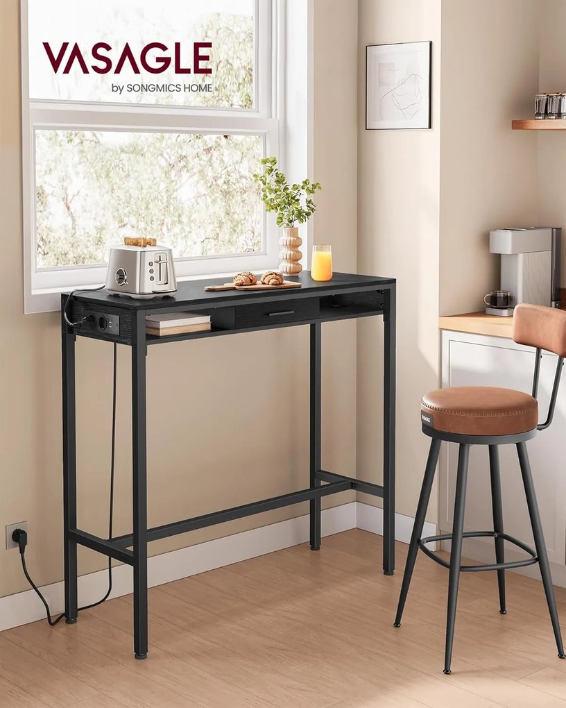 Bárasztal, magas konzolasztal töltőállomással és szövet fiókkal, fekete