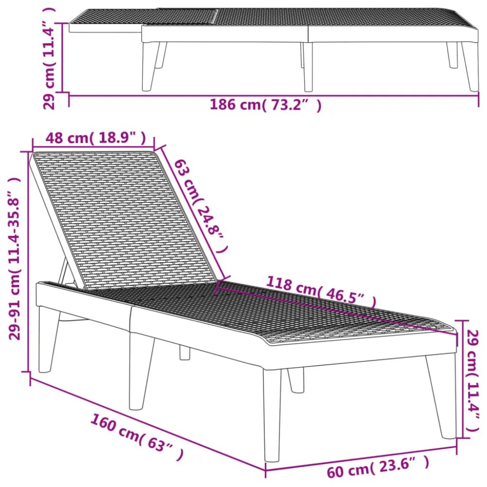 antracitszürke PP napozóágy 186 x 60 x 29 cm