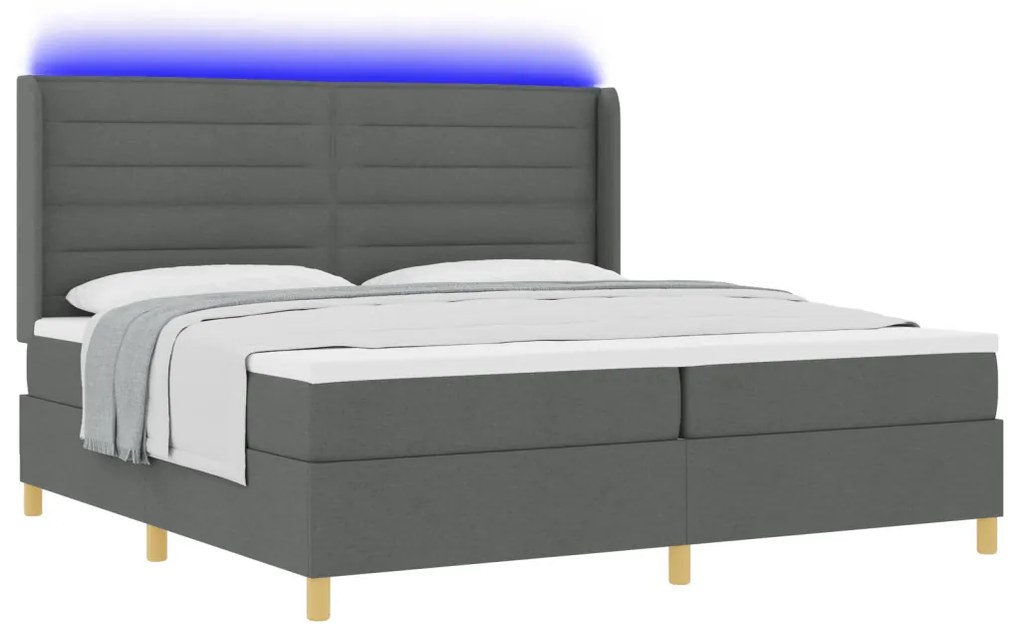 Boxspring Ágy Mattal & LED Sötétszürke 200x200 cm Szövet