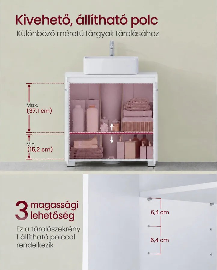 Mosogató alatti fürdőszobai szekrény, 2 rekeszes, felhőfehér