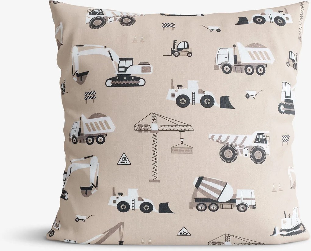 Goldea gyerek pamut párnahuzat - teherautók és markolók bézs alapon 70 x 90 cm