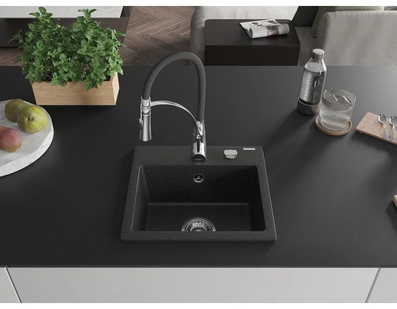 Mexen Milo, 1 kamrás gránit mosogató 435x410x171 mm és Aster mosogató csaptelep, fekete-ezüst metál, 6505-73-73450-07