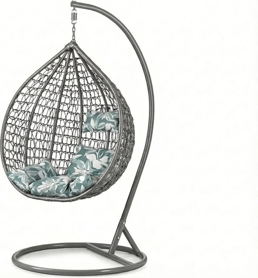 Szürke függőszék KOKON állvánnyal, zöld-fehér párnával