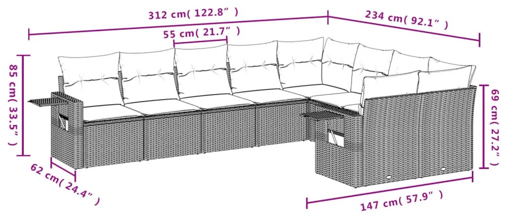 9-részes bézs polyrattan kerti ülőgarnitúra párnákkal