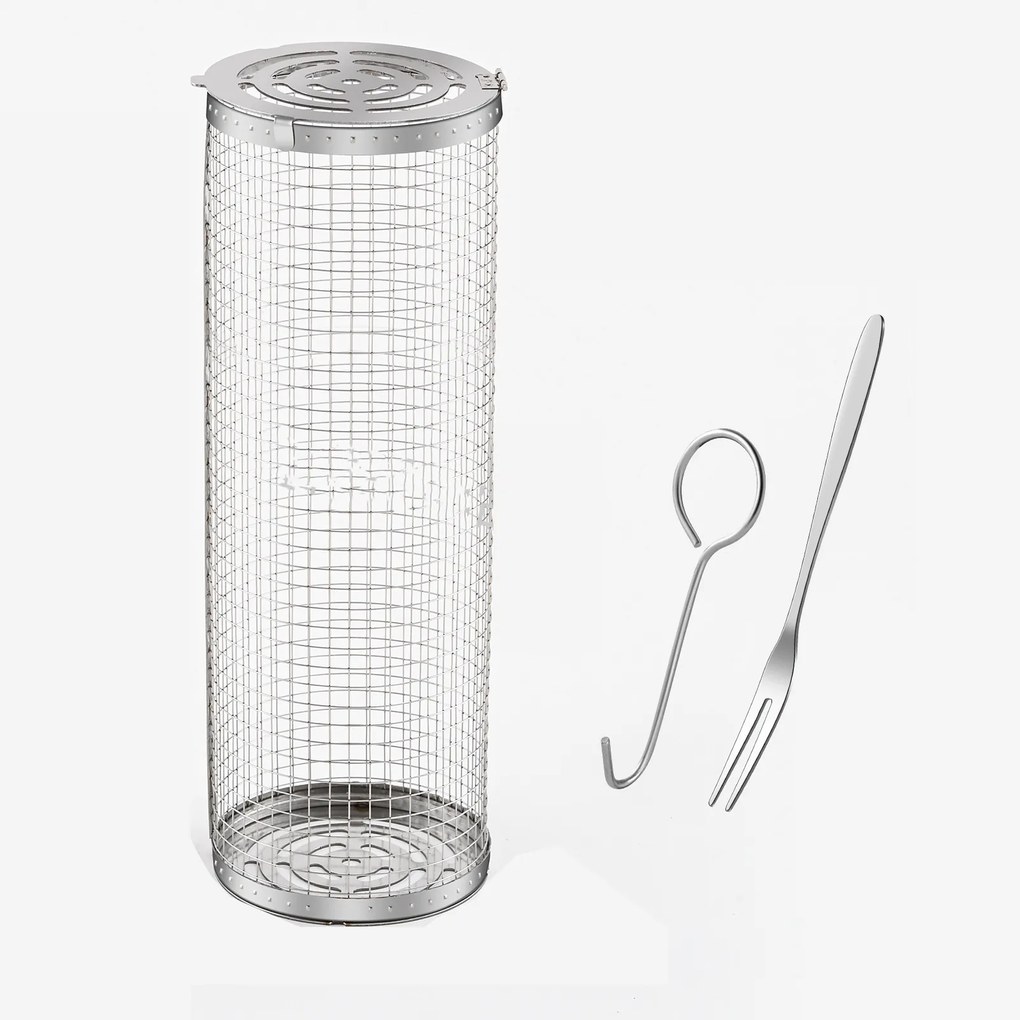 Forgatható grillkosár rozsdamentes acél Bbq zöldség-hús grillrács 31*10cm
