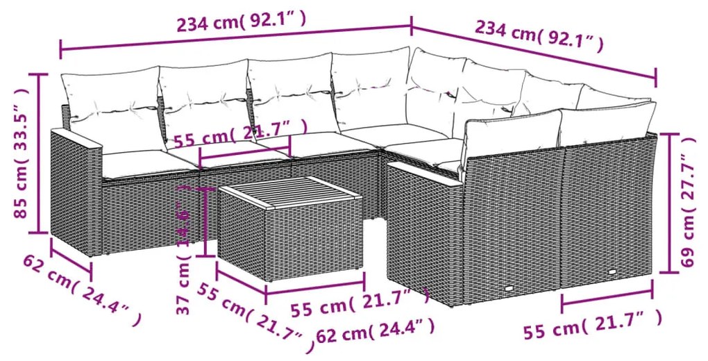 9 részes bézs polyrattan kerti ülőgarnitúra párnákkal