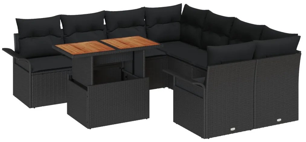 9 Darabos Kerti Sofa Készlet Párnákkal Fekete Poly Rattan Akácia