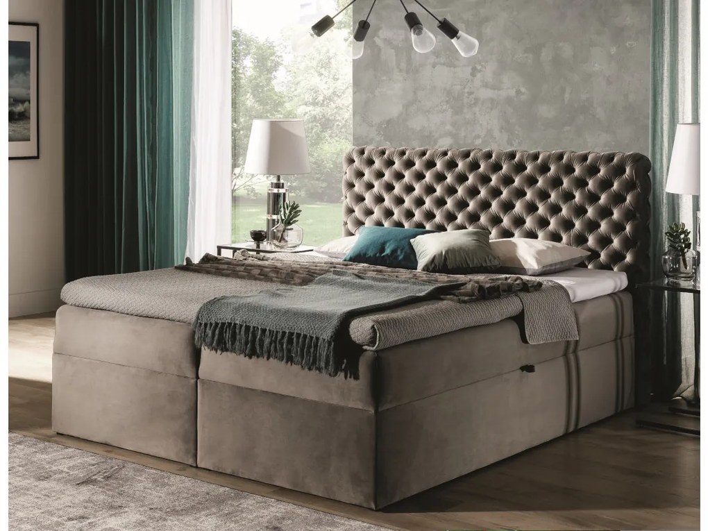 MARCH boxspring kárpitozott ágy + fedő, 200x200, riviera 16