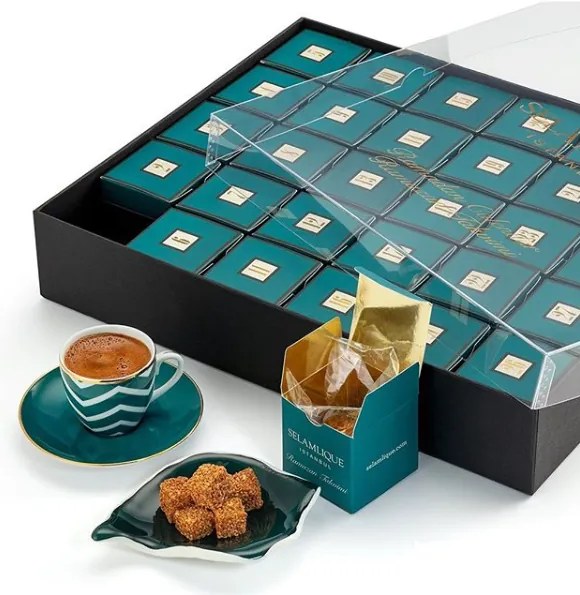 Turecký kávový set 2 šálků s podšálky, tyrkysová vlna - Selamlique