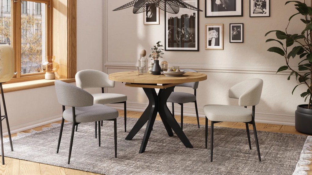 Mazzoni RENZO Artisan Tölgy/fekete láb - KEREK ASZTAL Ø110 180 cm-re BŐVÍTHETŐ | A KONYHÁBA ÉTKEZŐBE NAPPALIBA RETRO