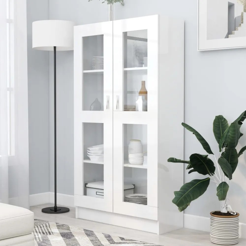 magasfényű fehér szerelt fa vitrinszekrény 82,5 x 30,5 x 150 cm
