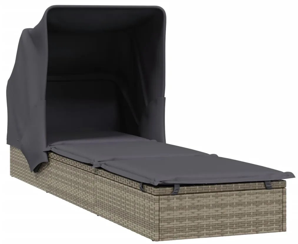 Szürke polyrattan napozóágy összecsukható tetővel 213x63x97 cm