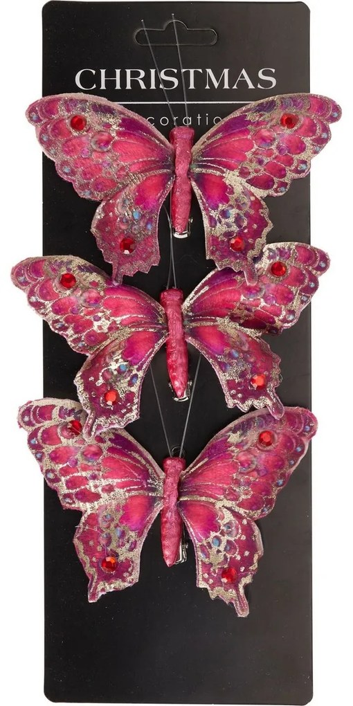 Karácsonyi díszek szett Pillangók, piros, 12x8x2cm, kapcsos, 3 DB-os szett