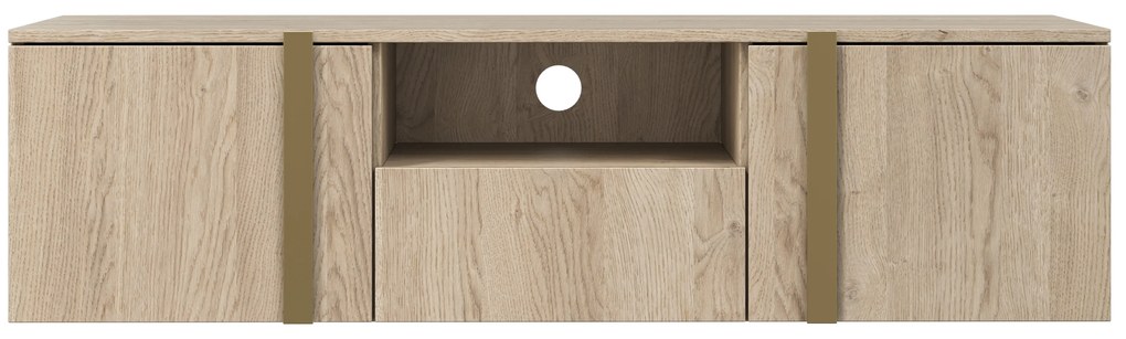 Verica 150 cm-es TV-szekrény, falra szerelhető, nyitott polccal - szivacsos-tölgy / arany fogantyúk