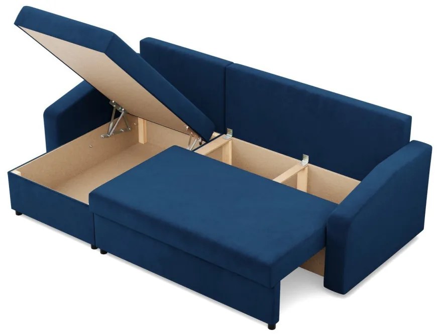 Zeus sarokkanapé, 2 ágyneműtartóval, döntött kartámasz, bársony, univerzális oldal, bonell töltet, kék