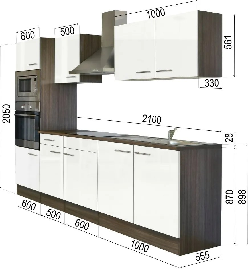 Yorki konyhabútor Yorki tölgy korpusszal, selyemfényű fehér fronttal 270 cm-es méretben