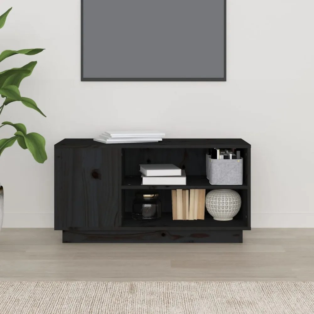 fekete tömör fenyőfa TV-szekrény 80 x 35 x 40,5 cm
