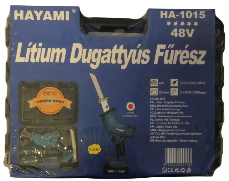 Erőteljes dugattyús fűrész HAYAMI HA-1015 + 2 x 48 V elem + tartozékok + tok