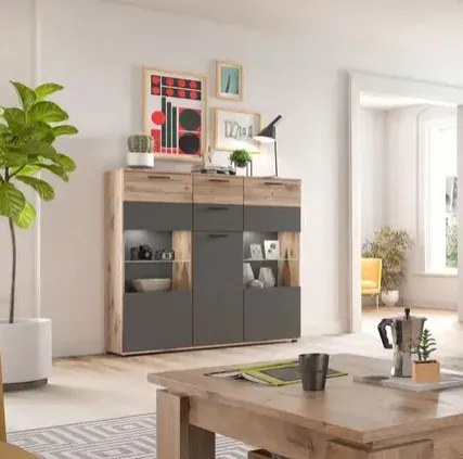 Mason 3 ajtós tálalószekrény nox tölgy - bazaltszürke