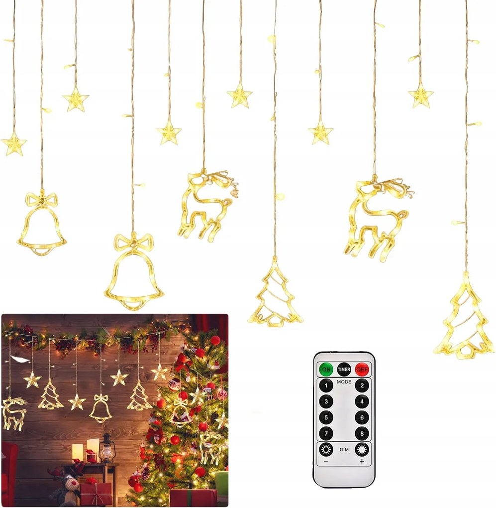 Led Fényfüggöny Karácsonyi rénszarvas csengő karácsonyfa Fehér Meleg 8 üzemmód