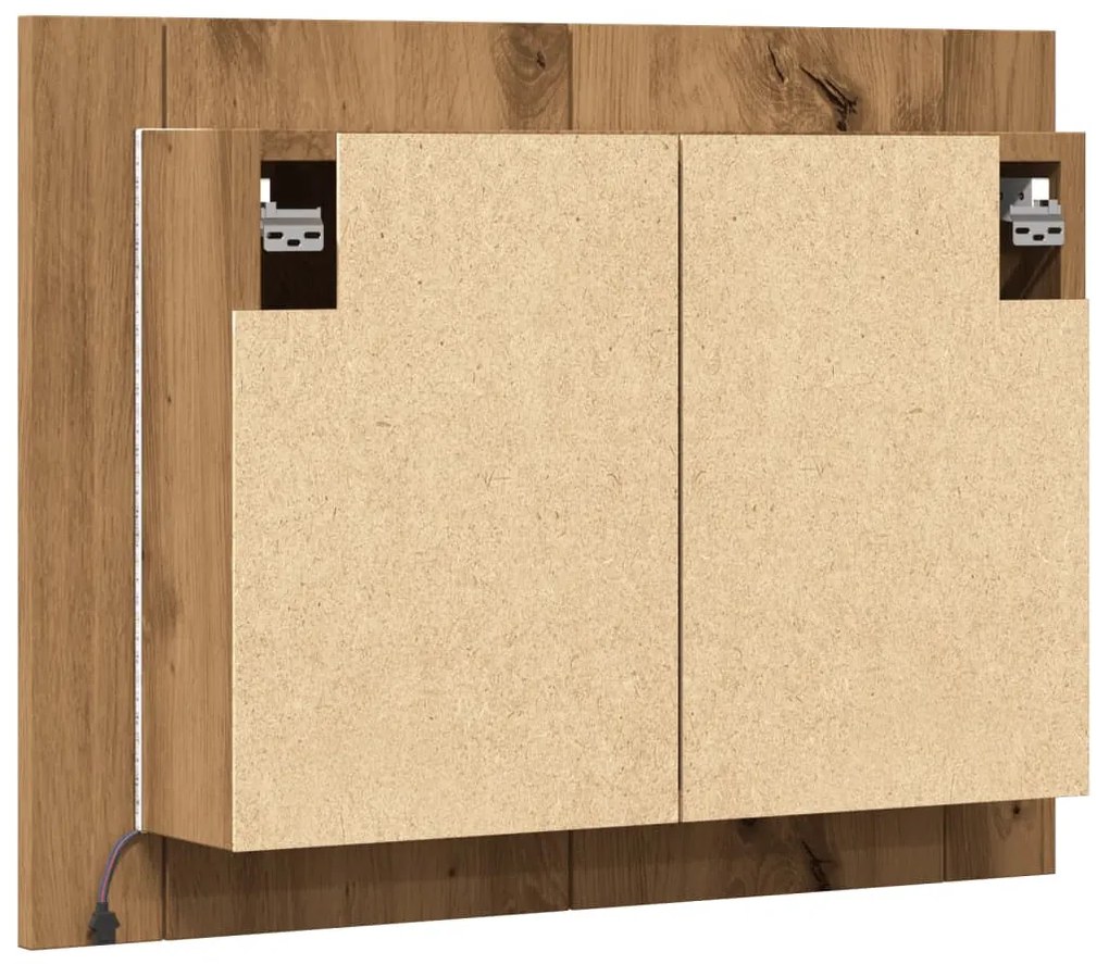 kézműves tölgyszínű szerelt fa tükörszekrény LED-del 60x12x45cm