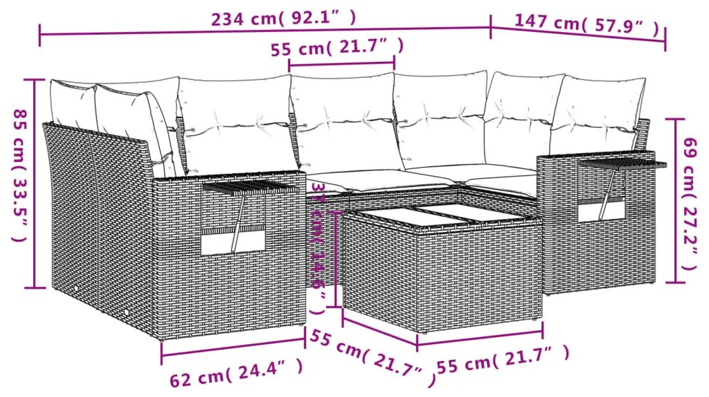 7 részes fekete polyrattan kerti ülőgarnitúra párnával