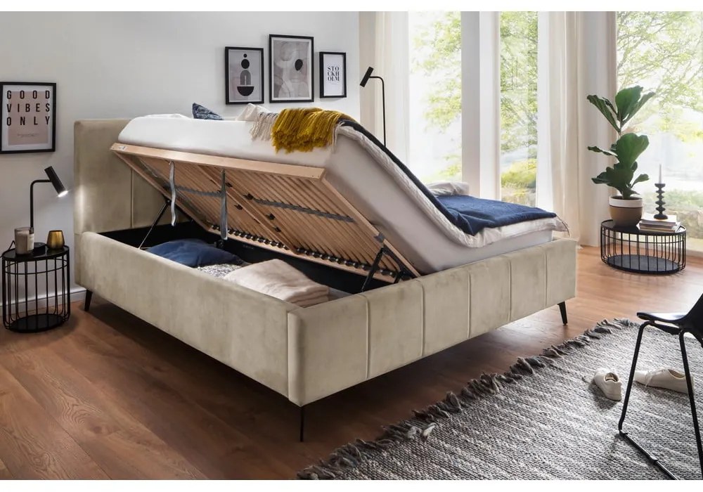 Bézs kárpitozott franciaágy tárolóhellyel ágyráccsal 180x200 cm Lizzano – Meise Möbel