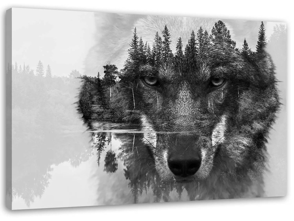 Gario Vászonkép Fekete farkas a háttérben erdõ és tó absztrakt Méret: 100 x 70 cm