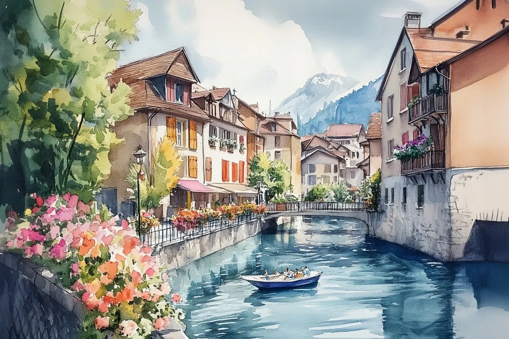 Vászonkép Canvas Város Franciaország Óváros Csatorna Hegyek Alpok 120x80