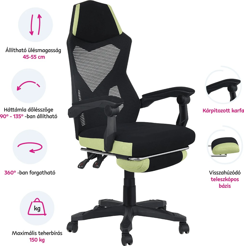 Irodai/gamer szék, fekete/zöld, teherbírás 150 kg, JORIK