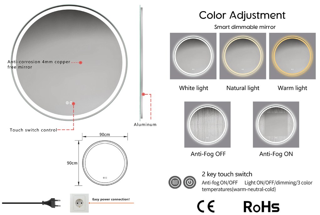 Erga Carla, kerek LED tükör 90cm, 2070 lm, 3 színű fény, ERG-V01-208-9090