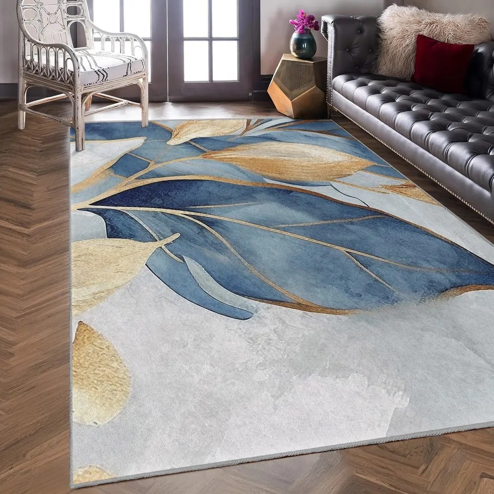 Kék-aranyszínű mosható futószőnyeg 80x200 cm Golden Leaves – Mila Home
