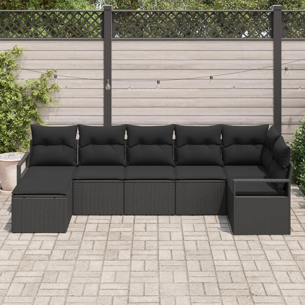 7 darabos kerti kanapé szett párnákkal fekete poly rattan, 2 személyes kerti kanapé párnákkal fekete poly rattan