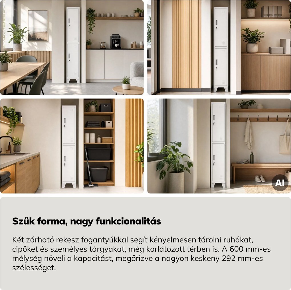 Öltözőszekrény fém munkahelyi mély 2 ajtós fehér, 292x1720x600 mm: BARTEK 1 Plus D600