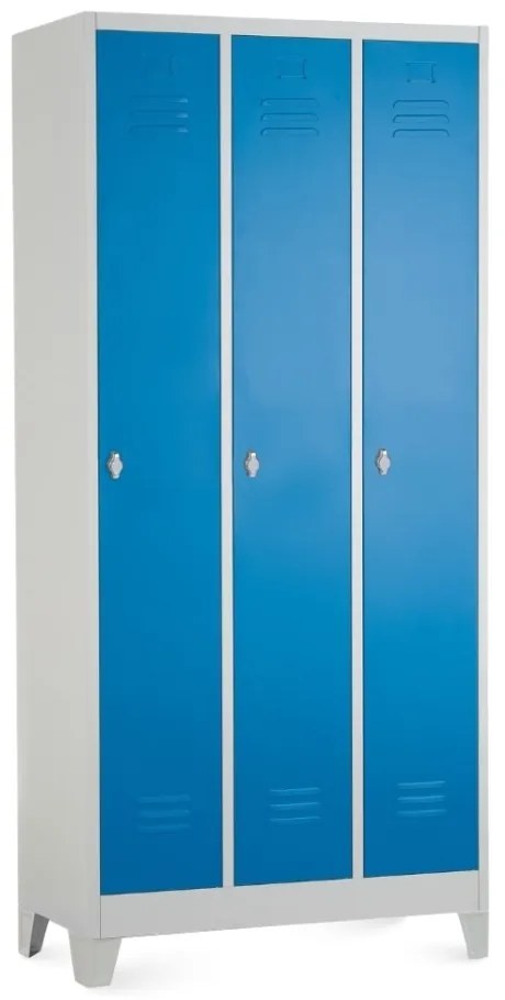 Fém szekrény - 3 rekeszes, 90 x 50 x 190 cm, fix lábakkal, lakathoz zár, kék - ral 5012