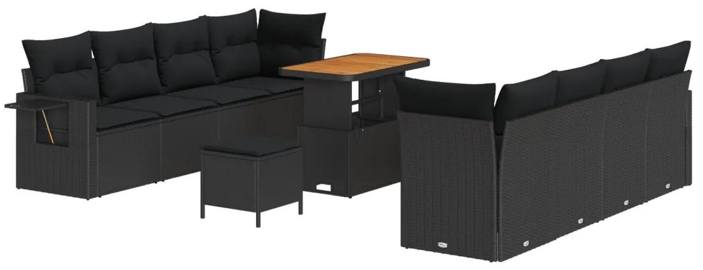 11 Darabos Kert Kanapé Szett Párnákkal Fekete Poli Rattan Akáccal, 3 Darabos Kert Étkező Szett Párnákkal Fekete Poli Rattan Akáccal