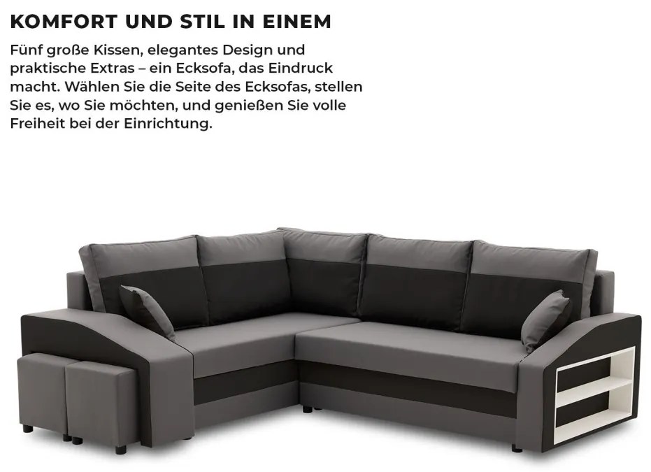 Grande sarokkanapé polcokkal és puffokkal , polc a jobb karfaban puffok a bal karfaban, baloldali, szövet anyag, bonell töltet, szürke - fekete